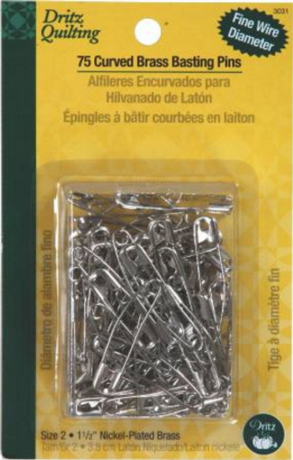 Curved Brass Basting Safety Pins, 1 1/2 inch -Size 2 - 75ct, Nickel Plated Brass - 3031D