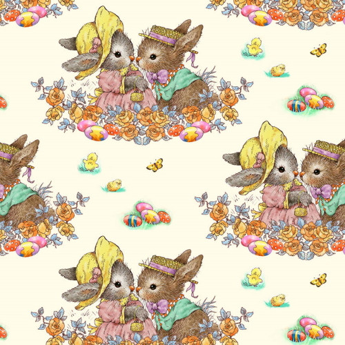 Allover Pairs of Bunnies on Off White Fabric - 9765-44