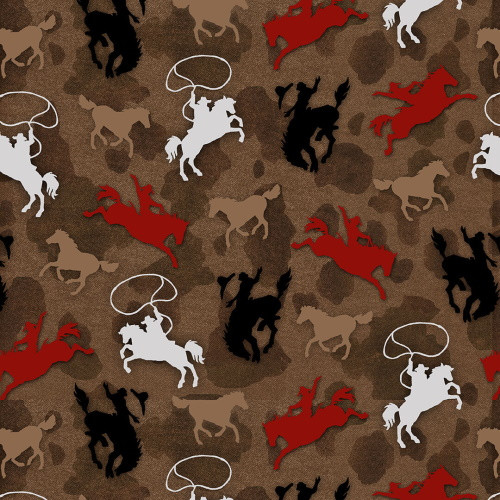 Cowboy & Bucking Horse Silhouettes on Brown Fabric - 9151-33