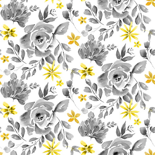 Gray and Yellow Cabbage Rose on White Fabric - 9963-90