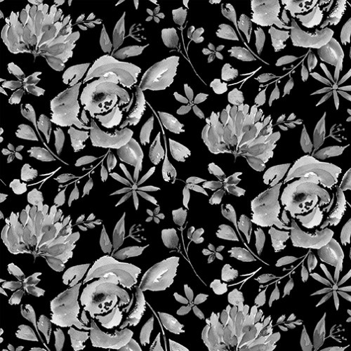 Gray Cabbage Rose on Black Fabric - 9963-99