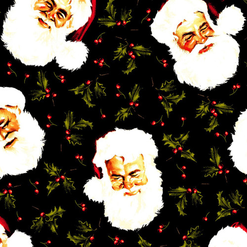 SANTA CLAUS FACES & HOLLY ON BLACK FABRIC