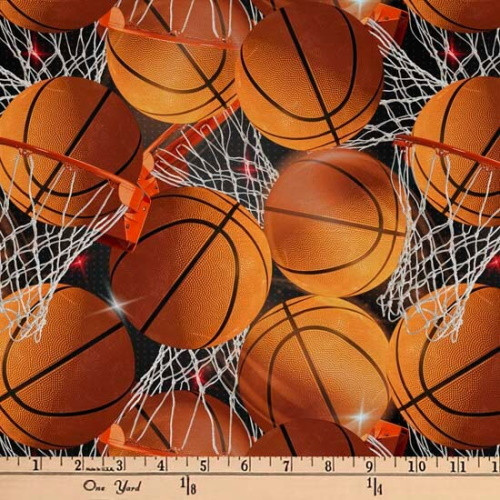Basketballs and Hoops on Black Fabric - DAVDX-3100-1C-1 Black