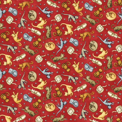 Tossed Cats on Red Fabric - 9905-88