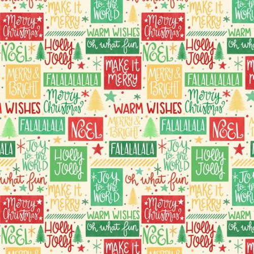 Multi-Color Christmas Greetings on Beige Fabric - CHM2-04725-MU