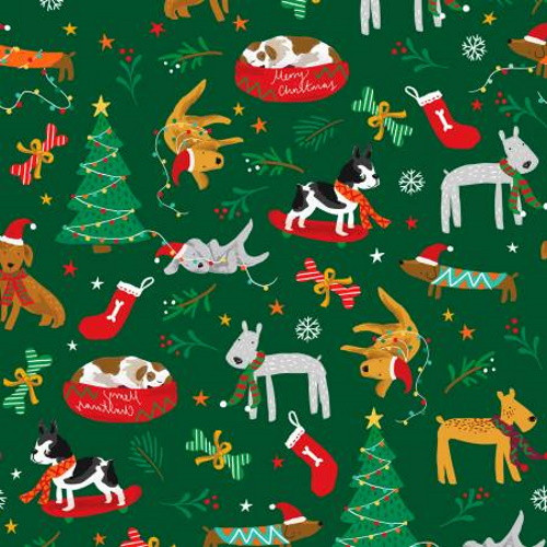 Christmas Dogs on Dark Green Fabric - CHM2-04729-GG