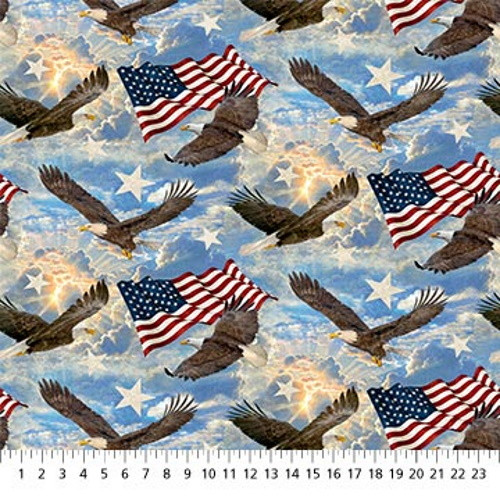 Soaring Eagles with Flags Fabric - DP24281-44 Blue Multi