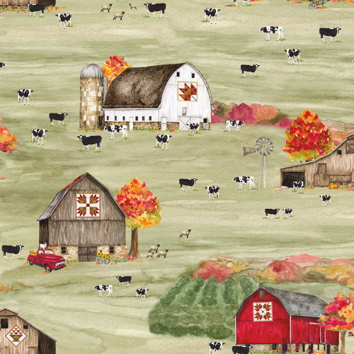 Fall Barn Quilts on Olive Fabric - CD12200 OliveDesigns