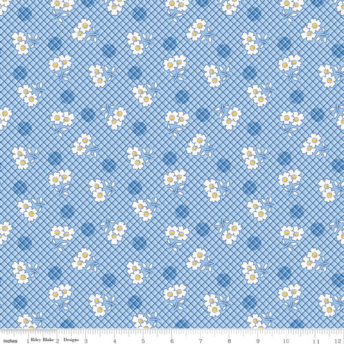 White Flowers on Blue Crosshatch Fabric - C12281 Blue