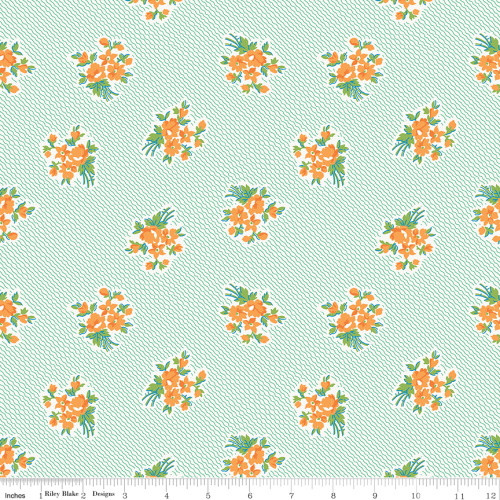 Orange, Green & Blue Bouquets on White Fabric - C12284 Orange
