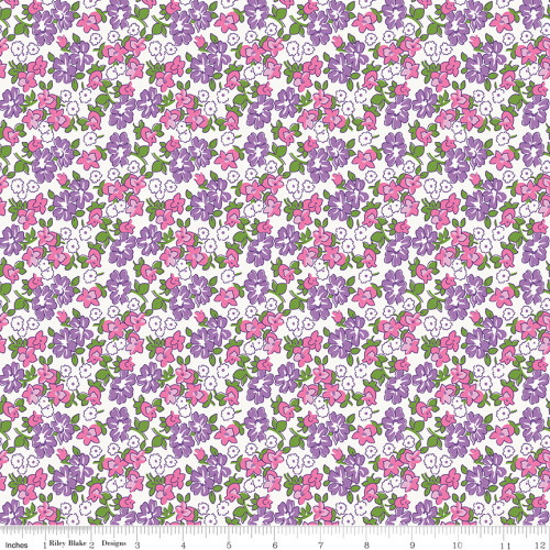 Violet, Pink & Green Flowers on White Fabric - C12285 Violet