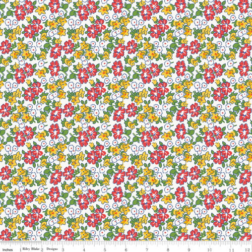 Red, Yellow & Green Flowers on White Fabric - C12285 Red