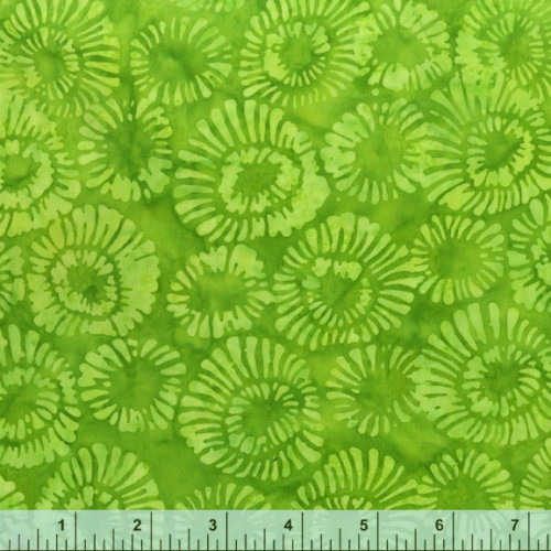 Lime Green Mums on Grass Green Batik Fabric - 822Q-6