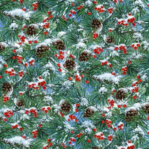Pine Boughs and Berries on White Fabric - 9611Multi