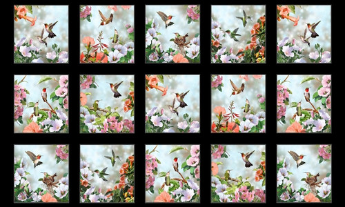 Hummingbird Dating Game Block Panel - 24" x 44" - on Black Fabric - 40006 Black