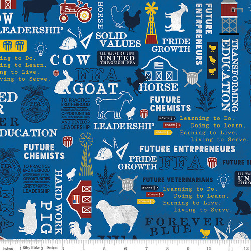 Tossed FFA Symbols and Sayings on Blue Fabric - C13950-BLUE
