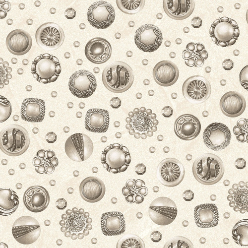 Brown & Tan Antique Buttons on Ecru Fabric - MAS8609-E