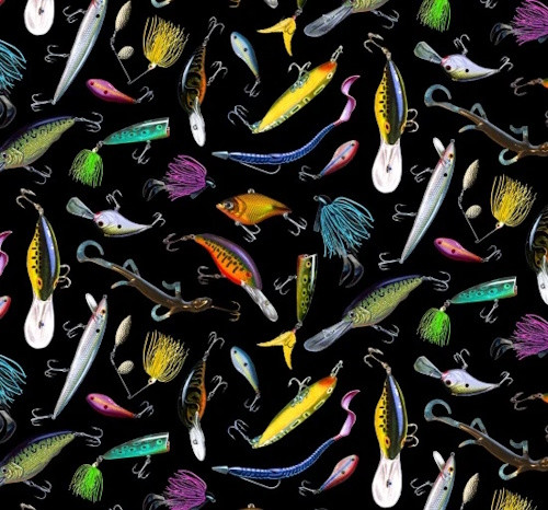 Assorted Color Fishing Lures on Black Fabric - 5002Black