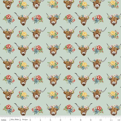 Highland Cows on Misty Blue Fabric - 17483 Misty