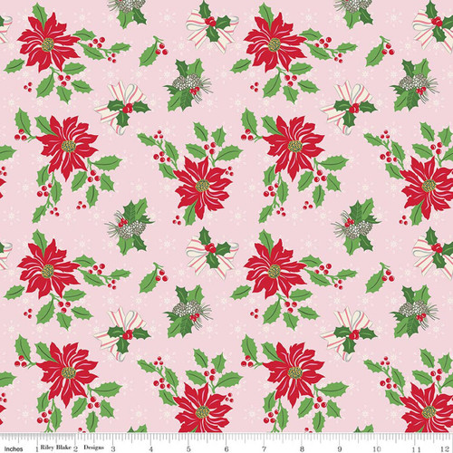 Poinsettias Bows and Holly on Pink Fabric - C17740 Pink
