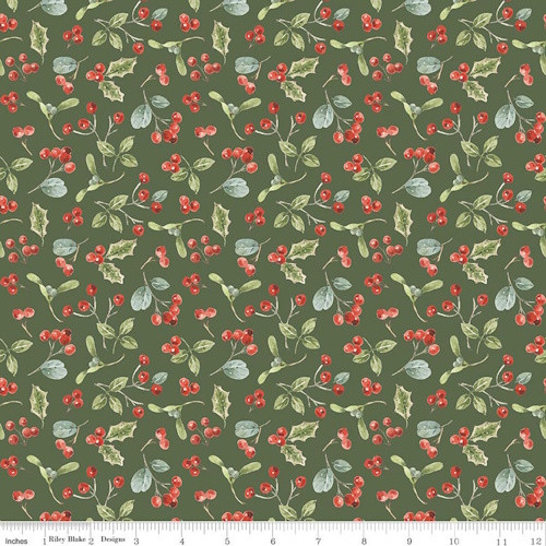 Holly Leaves, Berries and Foliage on Green Fabric - CD17463 Green