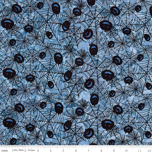 Black Webs & Jack-O-Lanterns on Dreamcatcher Blue Batik Fabric - BT23630-702