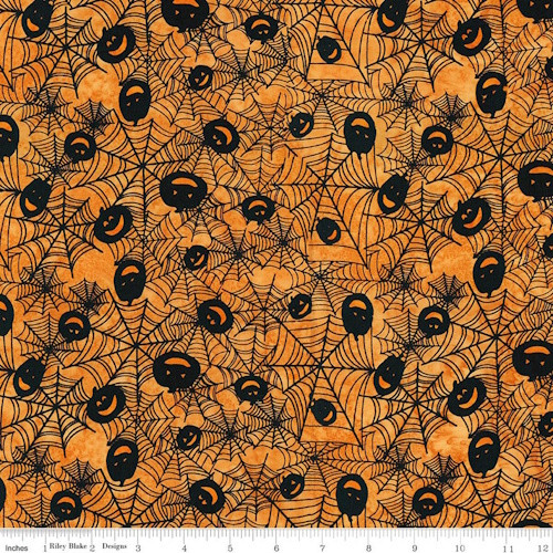 Black Webs & Jack-O-Lanterns on Tiger Orange Batik Fabric - BT23630-635
