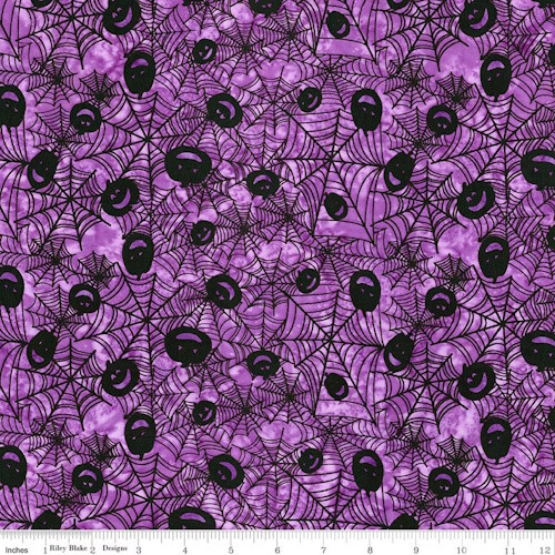 Black Webs & Jack-O-Lanterns on Glossy Grape Batik Fabric - BT23630-577