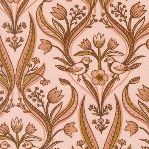 Brown Flowers and Birds on Petal Pink Fabric - 14141-12