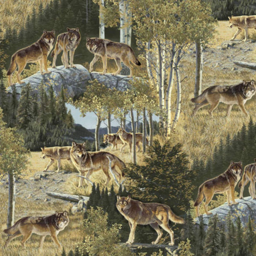 MULTIPLE WOLVES ON A MOUNTAINSIDE FABRIC