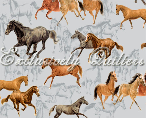 Horses and Shadows on Gray Fabric - 3977-60777-08
