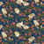 STANDING CRANES WITH TREES & RED FLOWERS ON INDIGO FABRIC