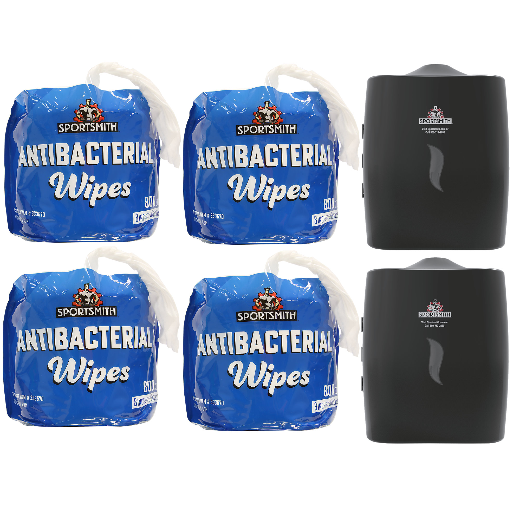 Kit containing one case of Antibacterial Wipes by Sportsmith and two