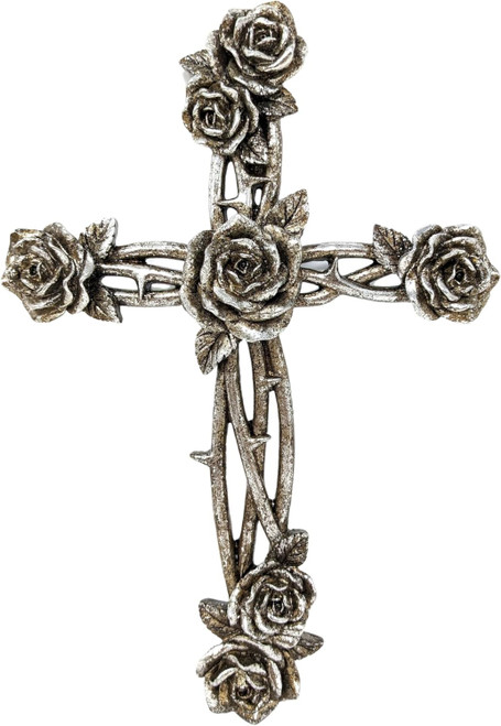 Vintage Rose w/Thorn Metal-Like Wall Cross Rustic Spiritual Decor