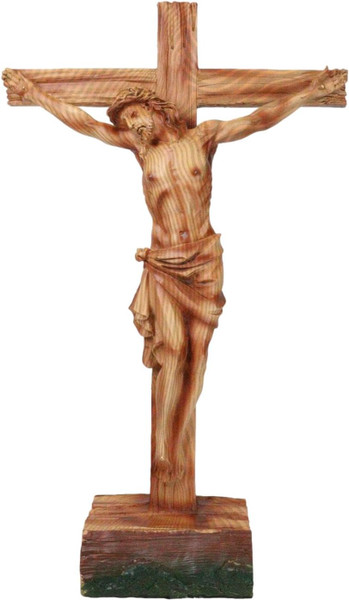15.25" Tall Jesus Christ Crucified On The Cross Desktop Crucifix in Faux Oak Wood Like Finish Resin Catholic Christian Home Decor