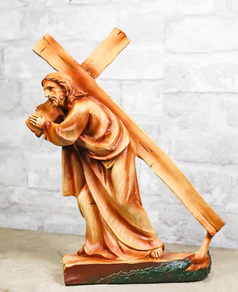 Road to Calvary Passion of Jesus Christ Carrying Weight of The Cross in Faux Cedar Wood Finish Figurine Christian Catholic Inspirational Accent