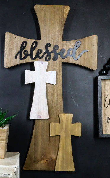 Western Wooden 3 Cross Multi Colored Wall Cross Decor 'Blessed'