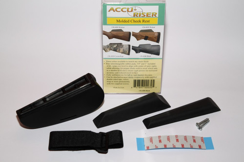 Accu-Riser Cr-6000 cheek raiser Kit includes Base, two heights of rubber pads, velcro cinch strap , two screws and 4" of 3M double sided tape. See instructions to mount CR-6000 at bottom of home page