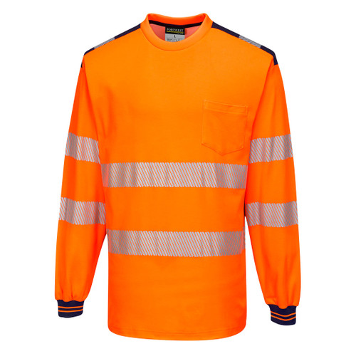 PW3 Hi-Vis Cotton Comfort T-Shirt L/S  (Orange/Navy)