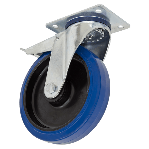 Heavy-Duty Blue Elastic Rubber Swivel Castor Wheel With Total Lock ¯100mm - Trade (SCW3100SPLEM)