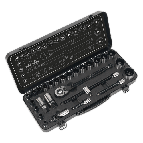 Socket Set 28pc 1/2"Sq Drive 6pt WallDrive¨ Metric Black Series (AK7972)