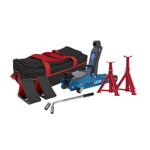 Trolley Jack 2tonne Low Entry Short Chassis & Accessories Bag Combo - Blue (1020LEBBAGCOMBO)