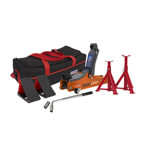 Trolley Jack 2tonne Low Entry Short Chassis & Accessories Bag Combo - Orange (1020LEOBAGCOMBO)