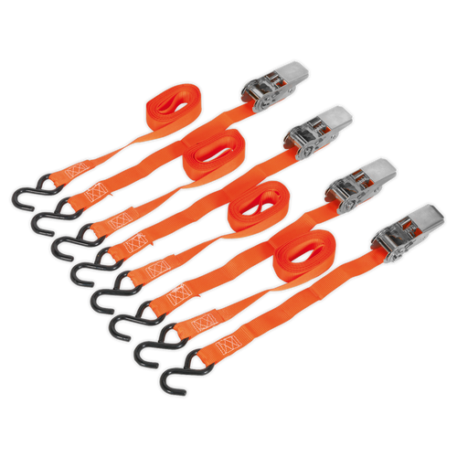 Ratchet Tie Down 25mm x 4m Polyester Webbing with S-Hooks 500kg Breaking Strength - 2 Pairs (TD0540S4)