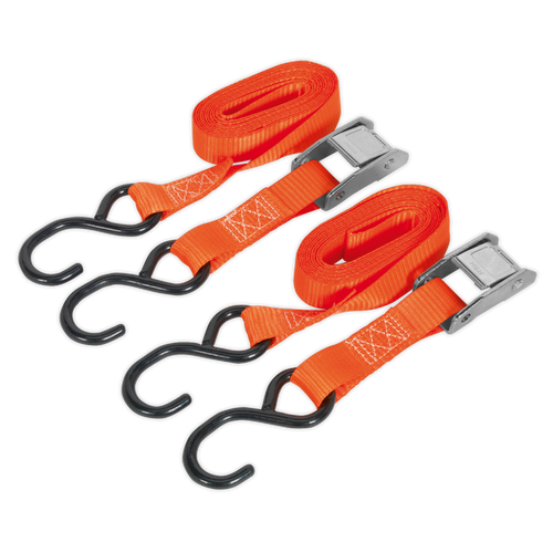 Cam Buckle Tie Down 25mm x 2.5m Polyester Webbing with S-Hooks 250kg Breaking Strength (TD2525CS)