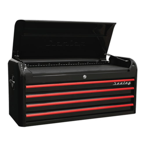 Topchest 4 Drawer Wide Retro Style - Black with Red Anodised Drawer Pulls (AP41104BR)