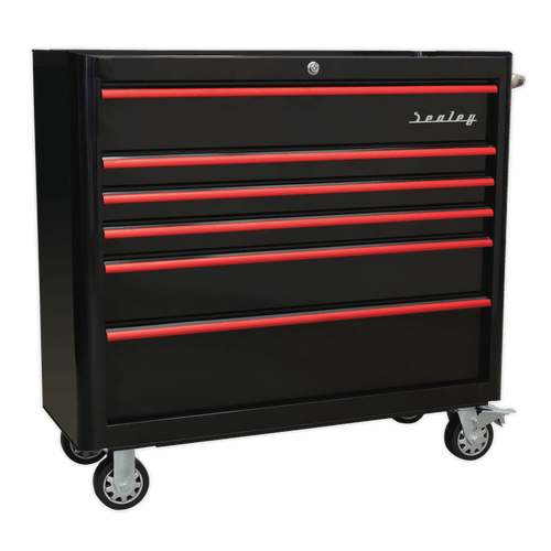Rollcab 6 Drawer Wide Retro Style - Black with Red Anodised Drawer Pulls (AP41206BR)