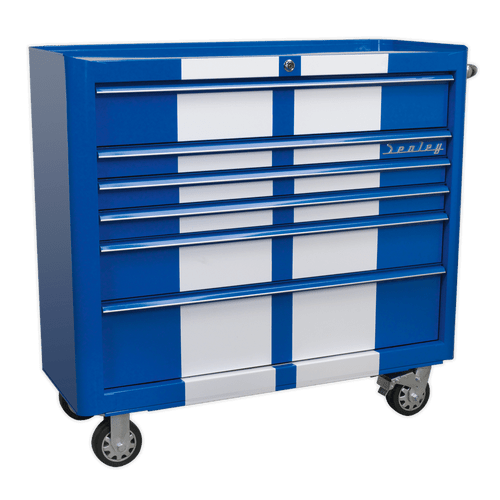 Rollcab 6 Drawer Wide Retro Style - Blue with White Stripes (AP41206BWS)