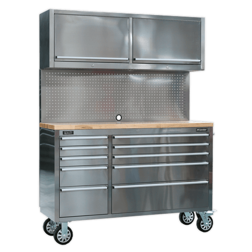 Mobile Stainless Steel Tool Cabinet 10 Drawer with Backboard & 2 Wall Cupboards (AP5520SS)