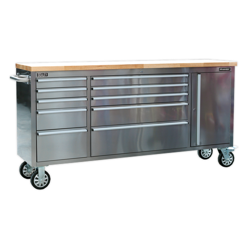 Mobile Stainless Steel Tool Cabinet 10 Drawer & Cupboard (AP7210SS)